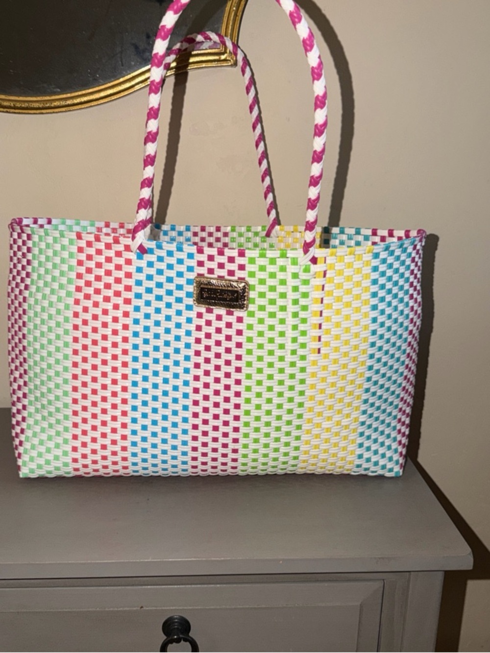 Lilly Pulitzer Multicolor Woven Tote with Pink Braided Handles
